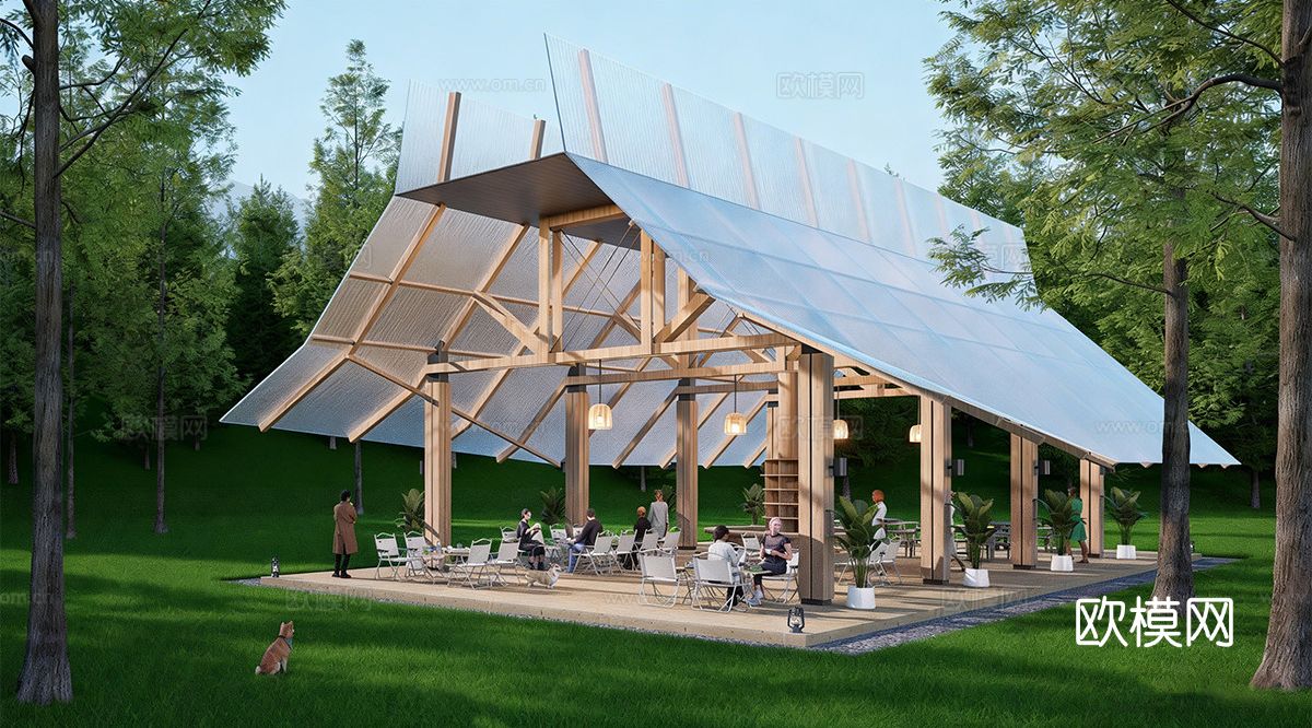 现代营地 营地餐厅构筑 户外餐厅 户外建筑构件su模型