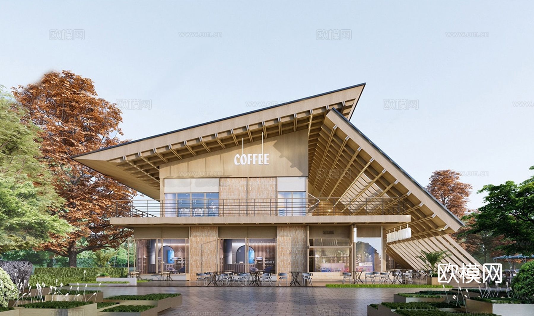 新中式咖啡厅建筑 餐饮建筑 木屋建筑su模型