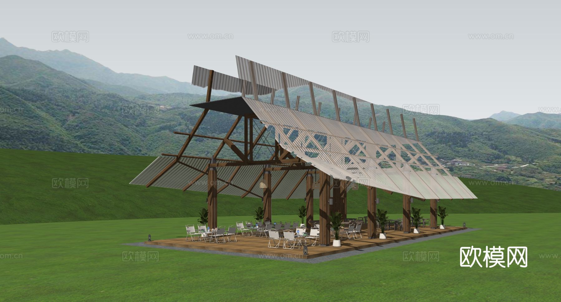 现代营地 营地餐厅构筑 户外餐厅 户外建筑构件su模型