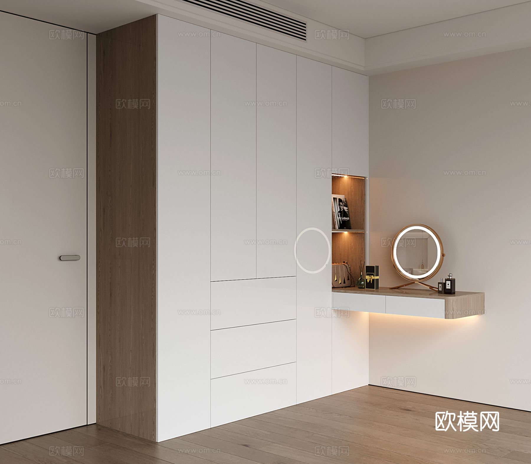 现代定制衣柜 衣柜梳妆台一体 衣柜转角书桌 平开门衣柜su模型