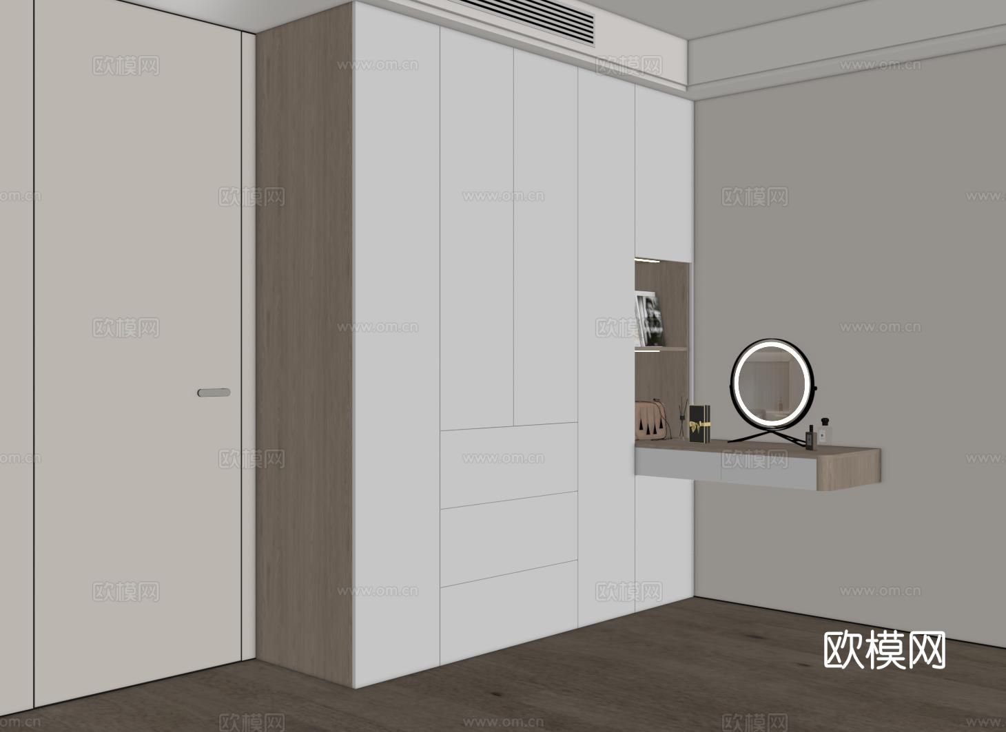 现代定制衣柜 衣柜梳妆台一体 衣柜转角书桌 平开门衣柜su模型