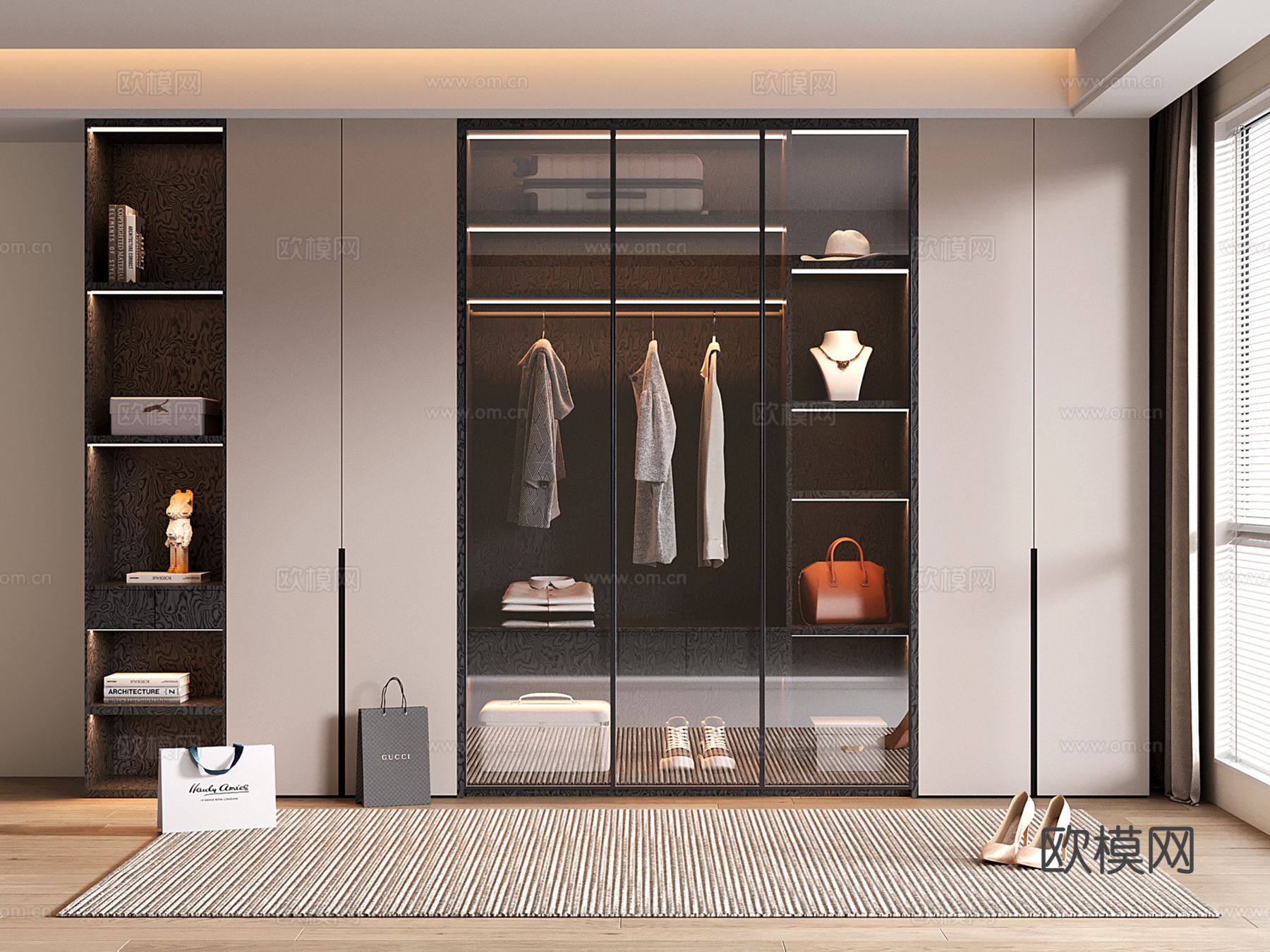 现代定制衣柜 开方格 玻璃门su模型