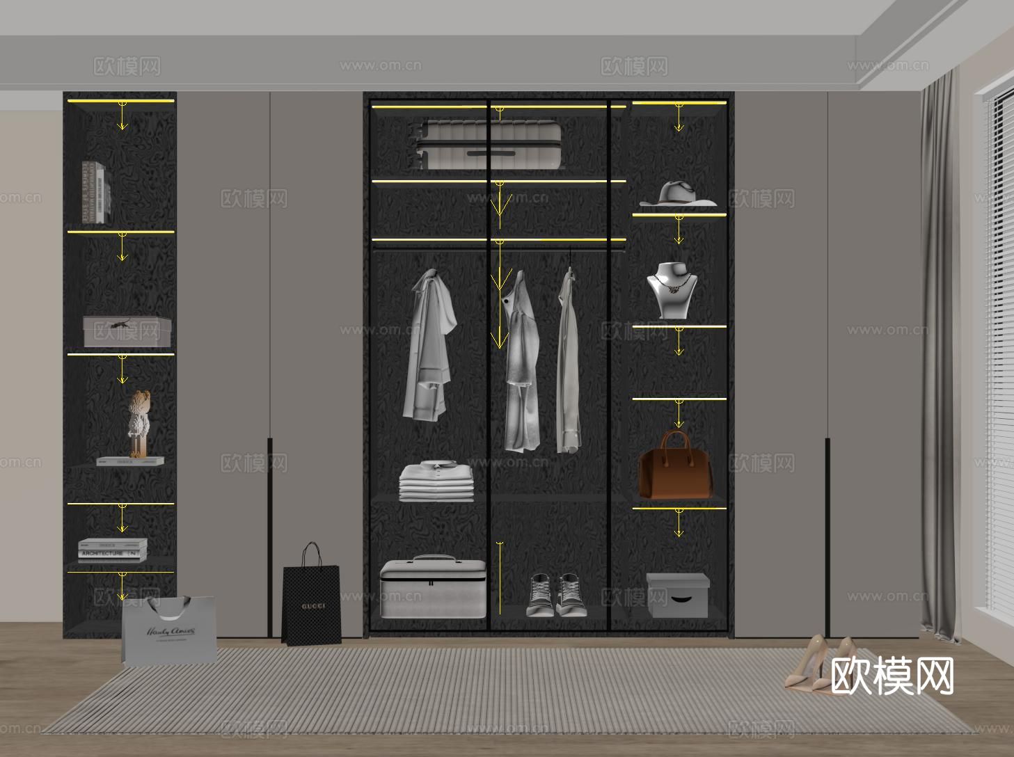 现代定制衣柜 开方格 玻璃门su模型