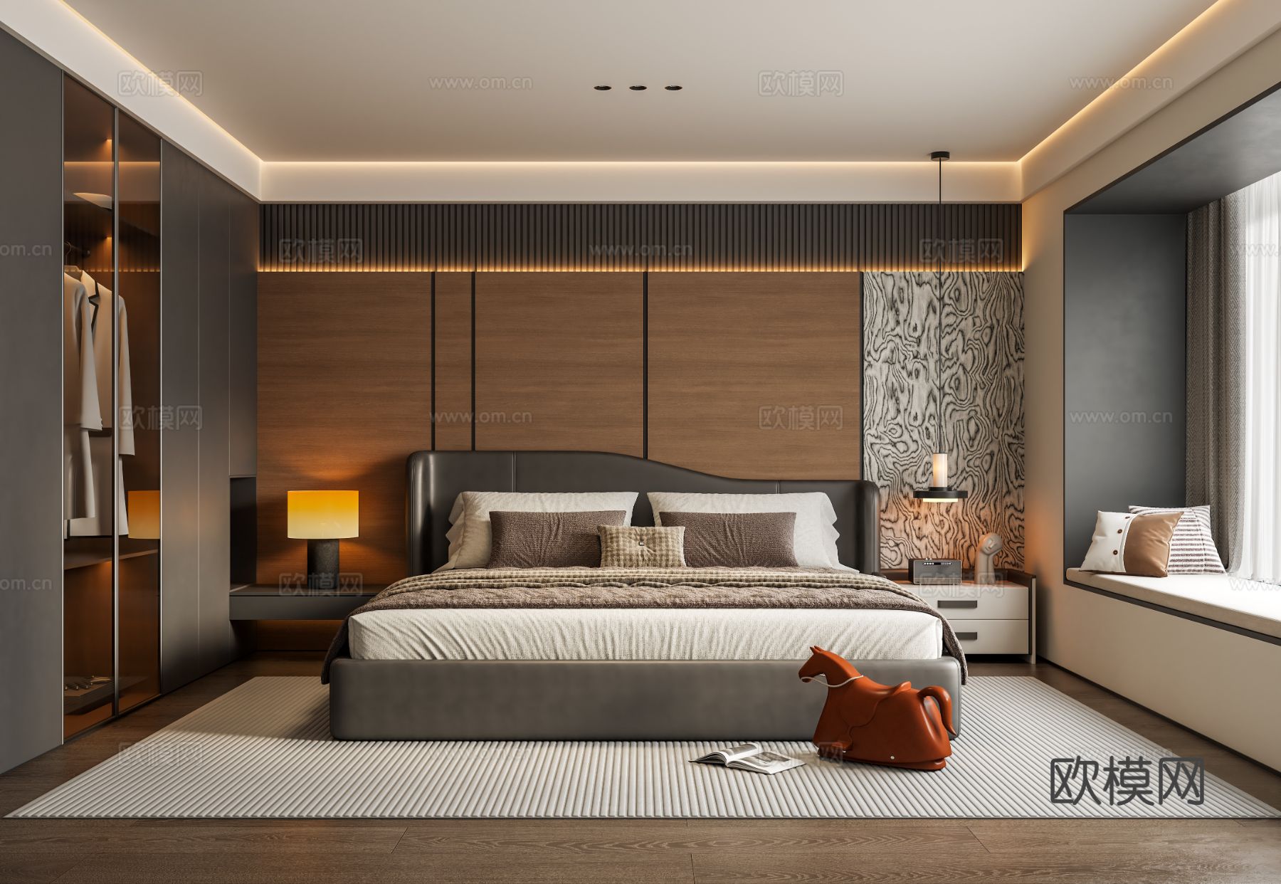 意式轻奢家居卧室 主卧床头背景墙 皮质双人床 床头柜台灯吊灯su模型下载（渲染图1）