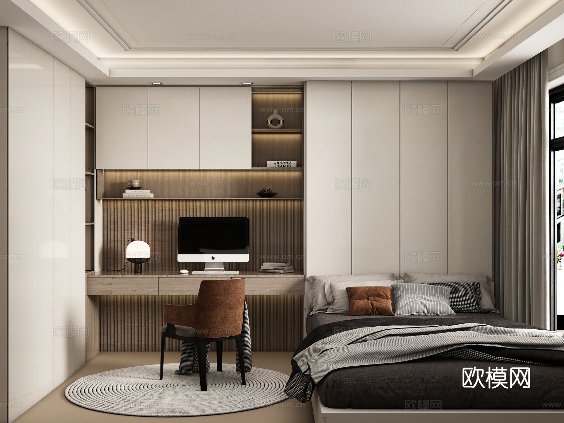 现代榻榻米卧室 儿童卧室 衣柜书柜 儿童床su模型