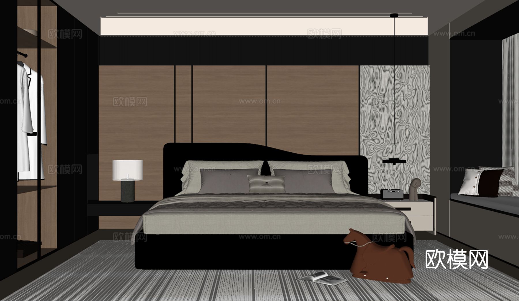 意式轻奢家居卧室 主卧床头背景墙 皮质双人床 床头柜台灯吊灯su模型下载（渲染图2）