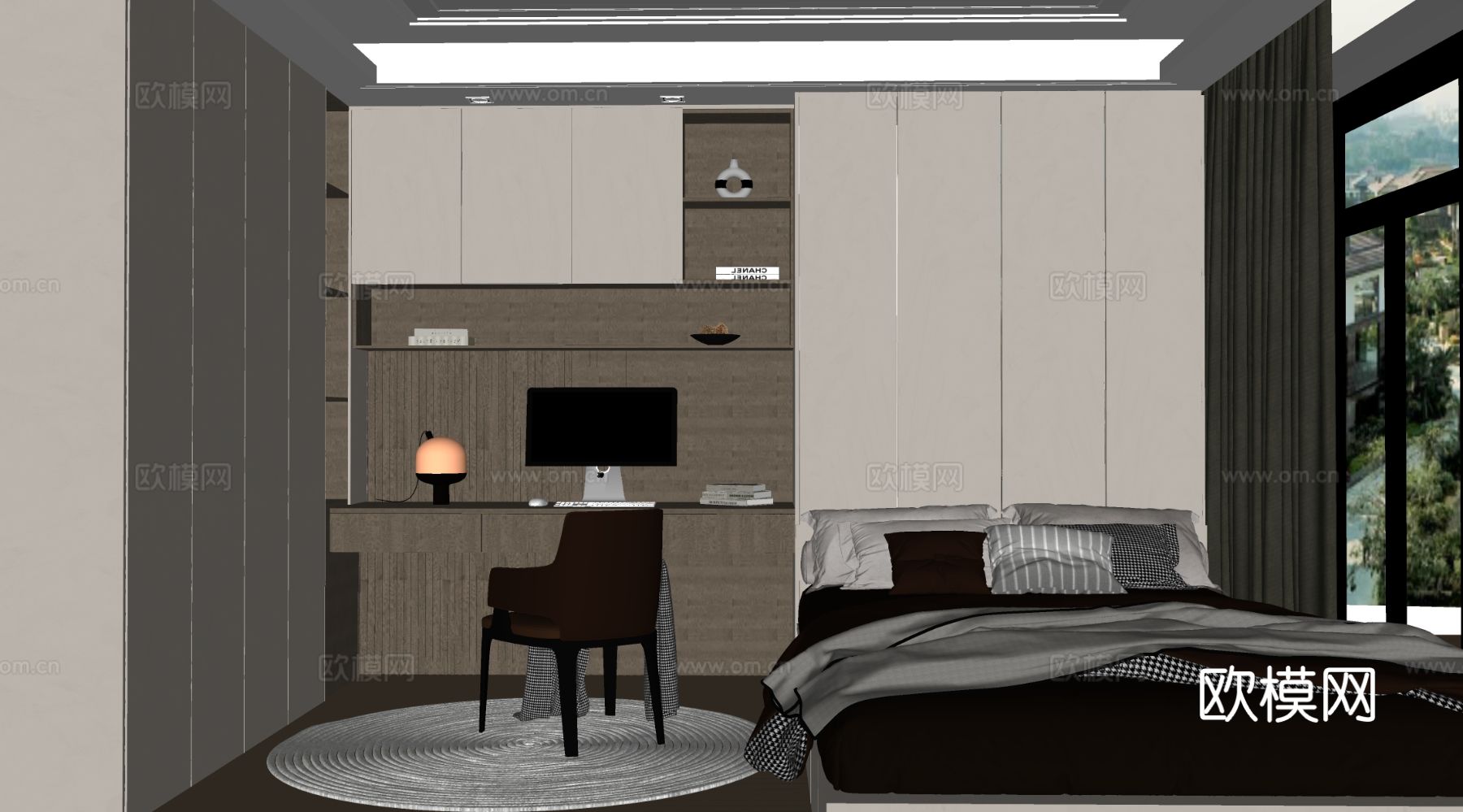 现代榻榻米卧室 儿童卧室 衣柜书柜 儿童床su模型