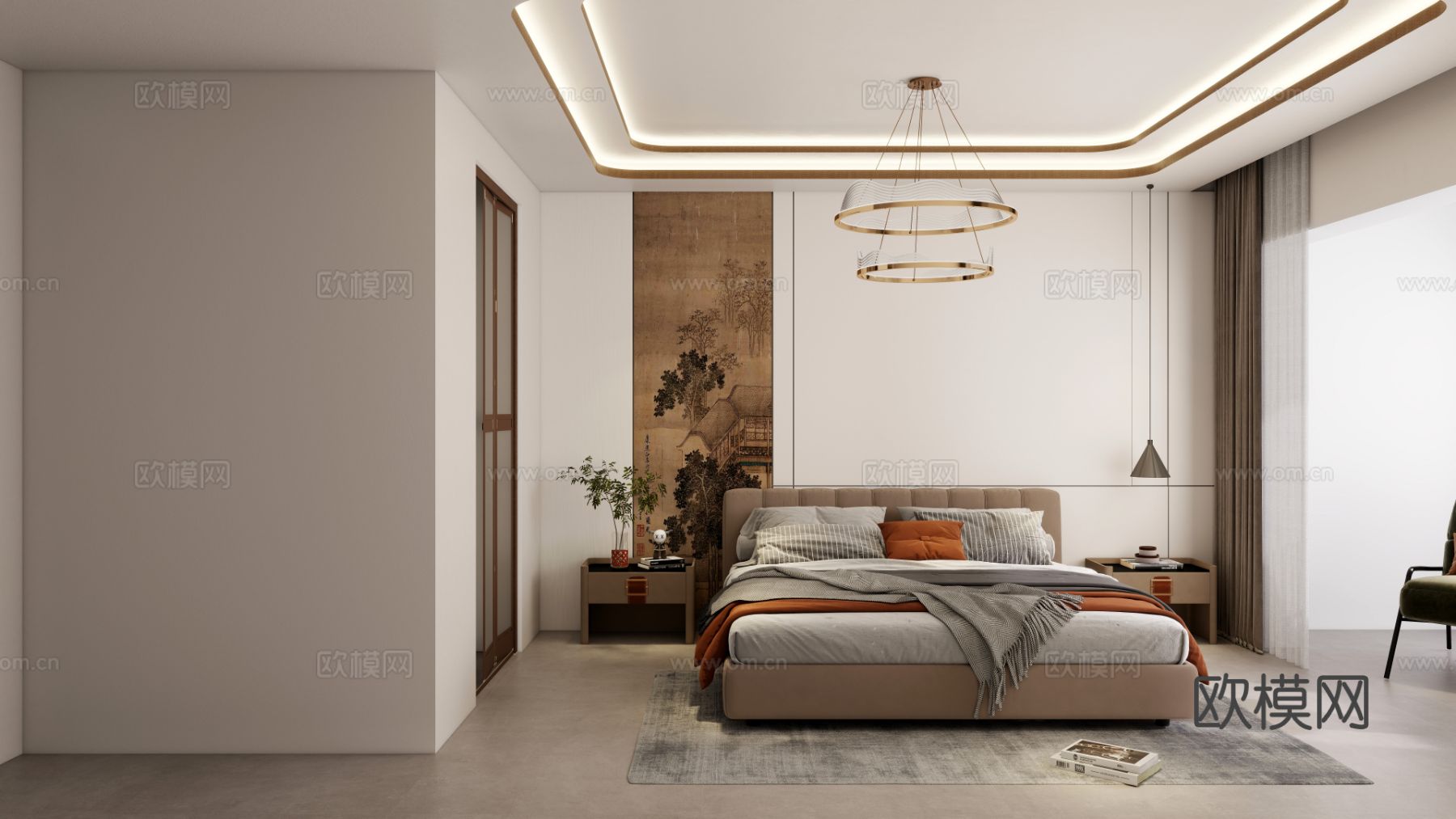 宋式美学卧室效果图下载（渲染图3）
