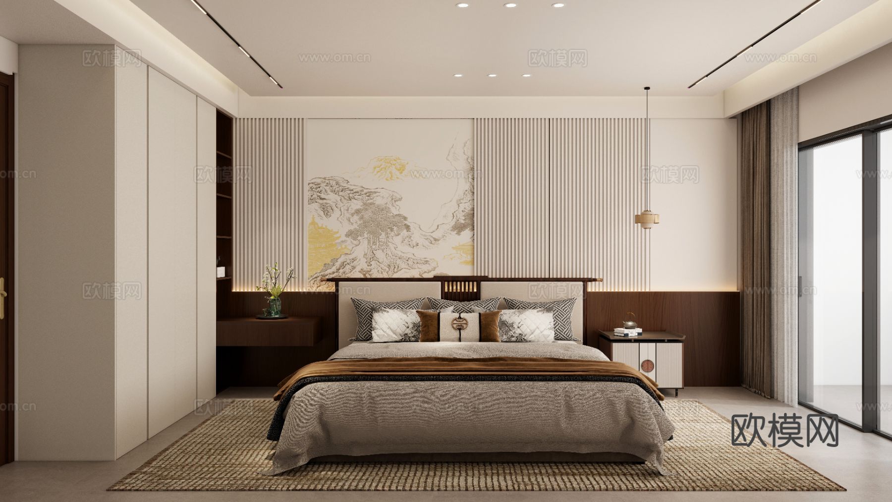 宋式美学卧室效果图下载（渲染图1）