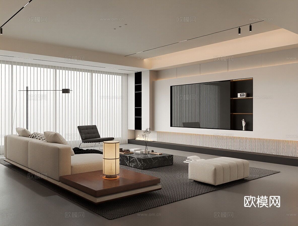 现代意式家居客厅 沙发组合 单人椅 休闲椅 花瓶 摆件3d模型下载