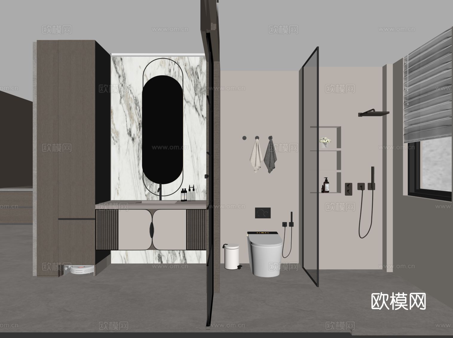现代卫生间 干湿分离卫生间 浴室柜 马桶 花洒su模型