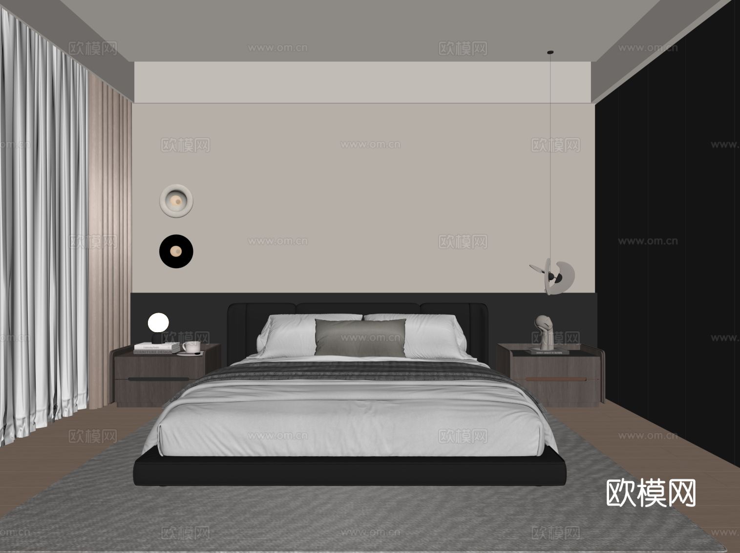 现代意式卧室 双人床 背景墙su模型