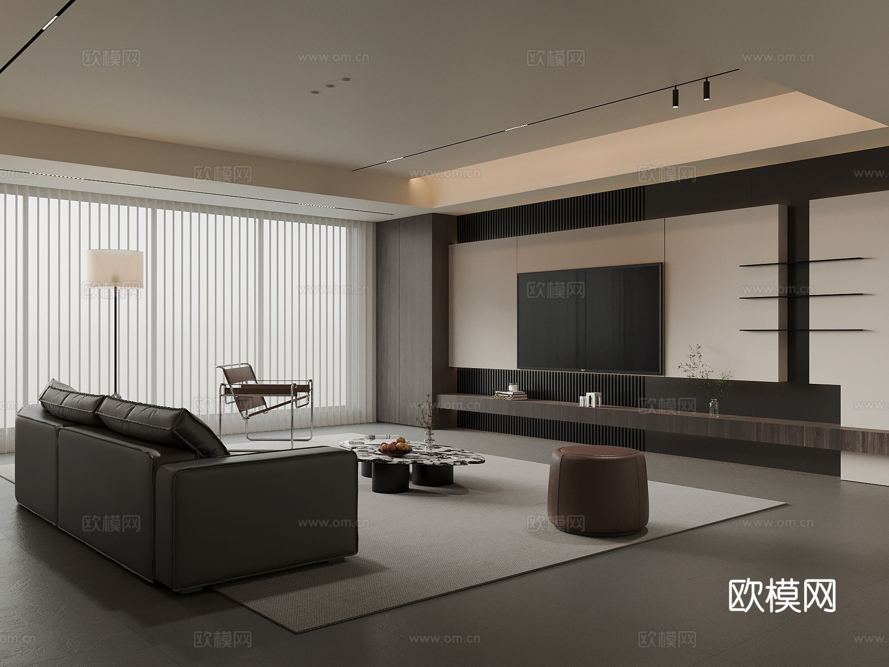 现代意式客厅 沙发茶几组合 电视背景墙su模型