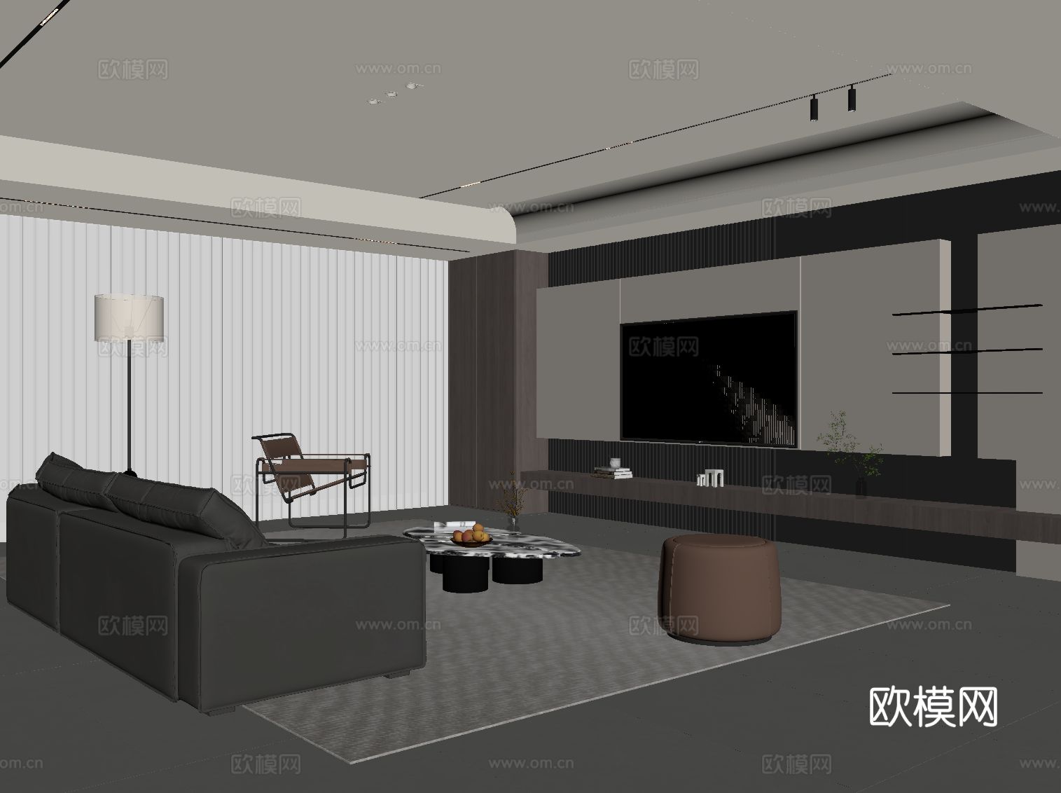 现代意式客厅 沙发茶几组合 电视背景墙su模型