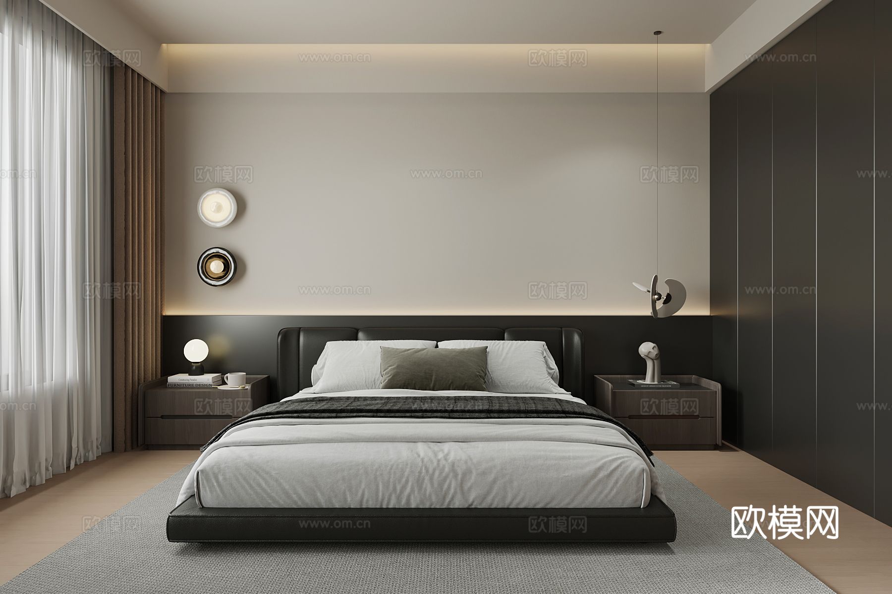 现代意式卧室 双人床 背景墙su模型