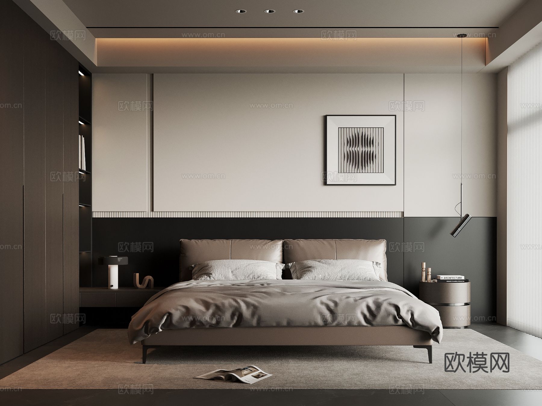 现代意式卧室 双人床 床头柜su模型