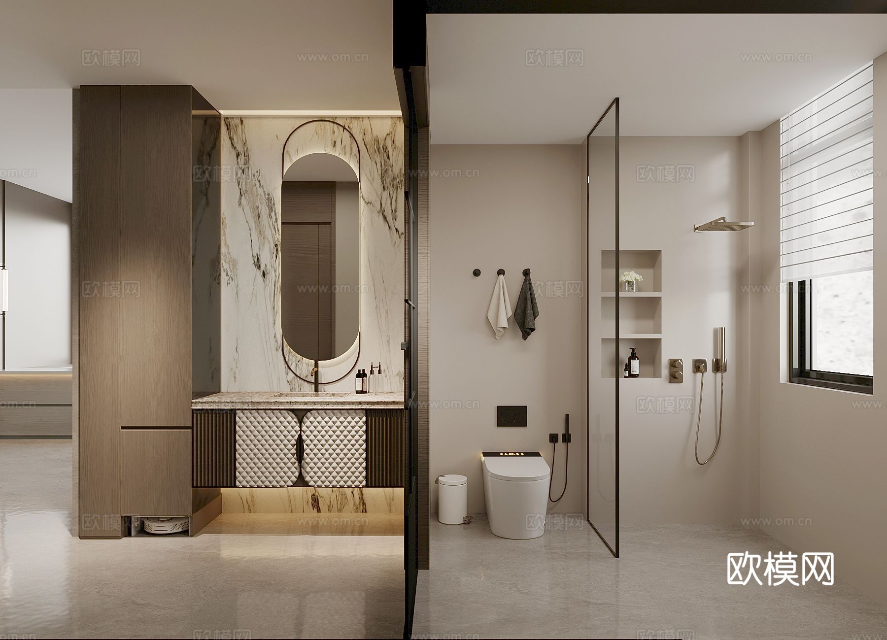 现代卫生间 干湿分离卫生间 浴室柜 马桶 花洒su模型