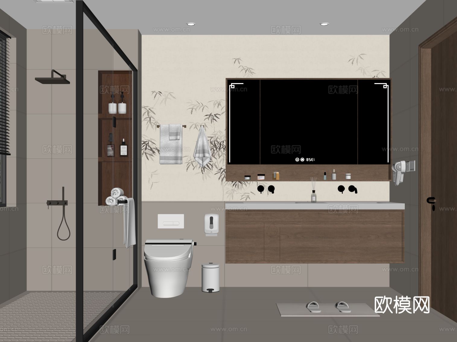 新中式卫生间 浴室柜 淋浴su模型