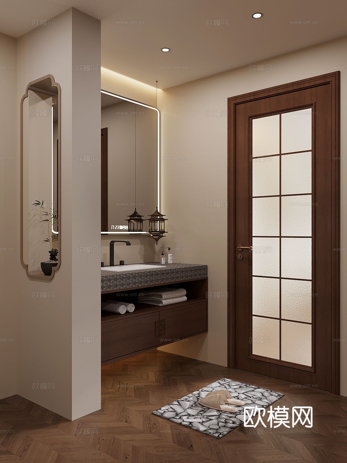 新中式卫生间干区 浴室柜 洗手台su模型