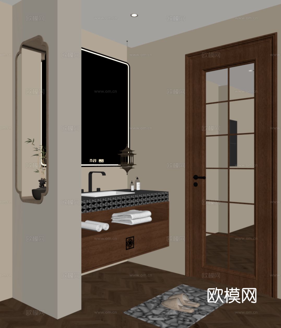 新中式卫生间干区 浴室柜 洗手台su模型