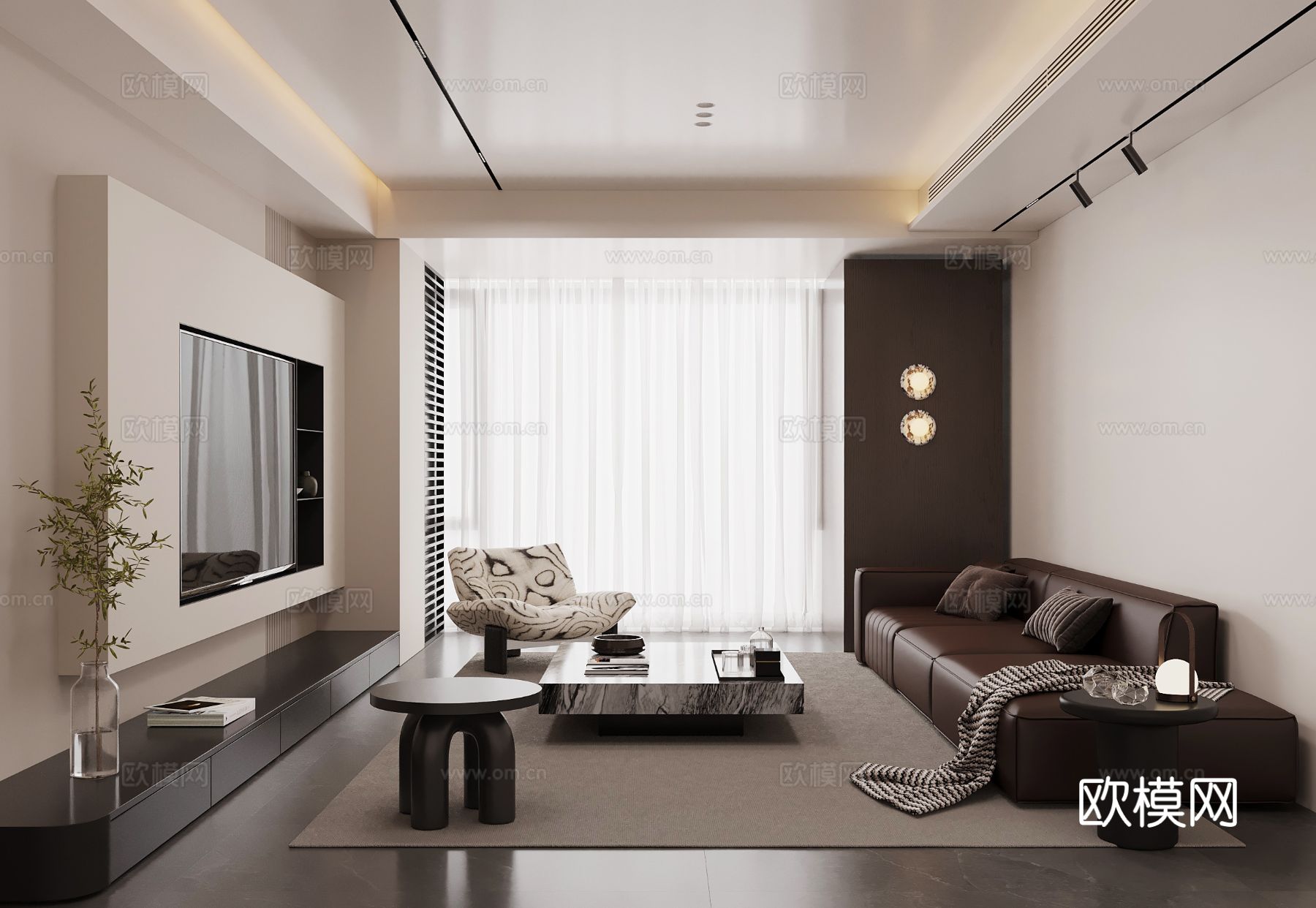 现代意式客厅 沙发茶几组合 电视背景墙su模型