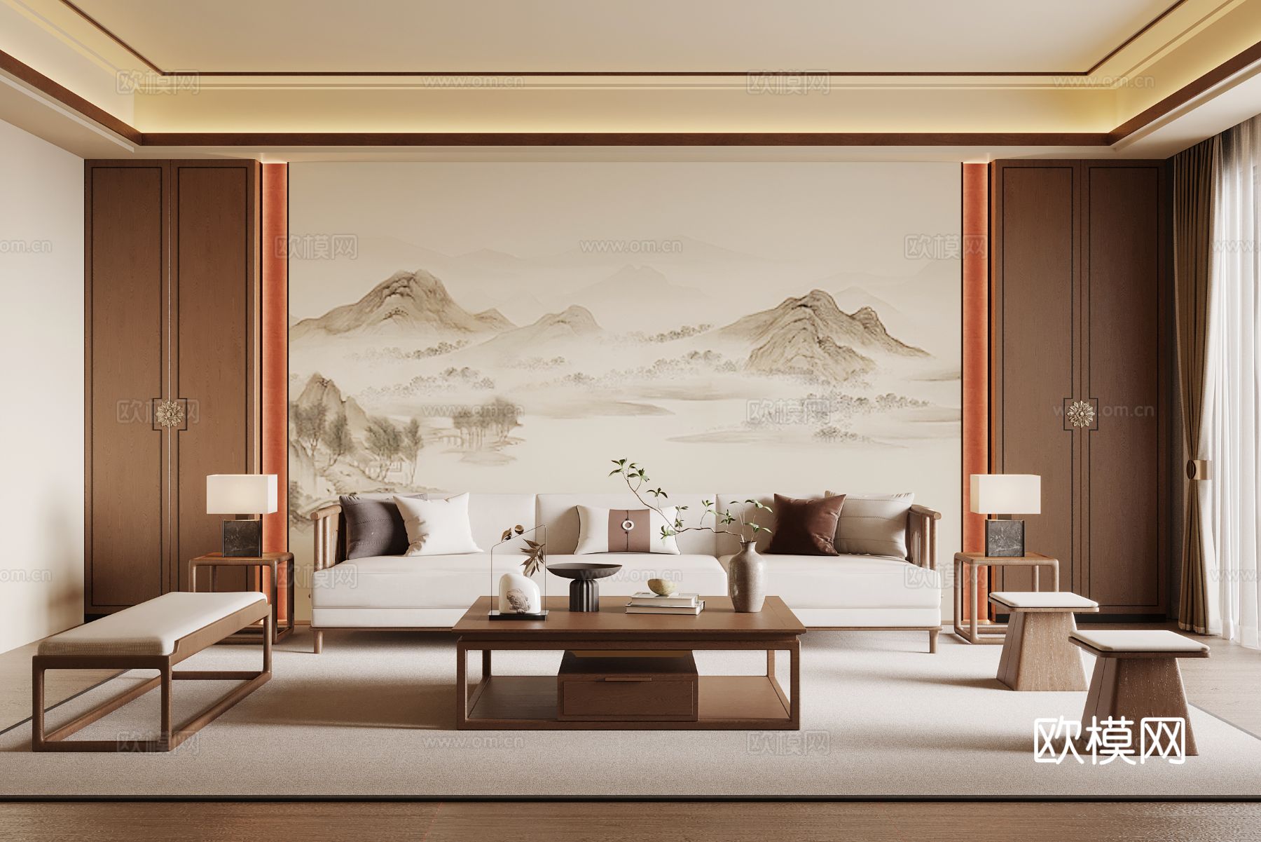 新中式客厅 沙发茶几组合 宋氏风客厅su模型