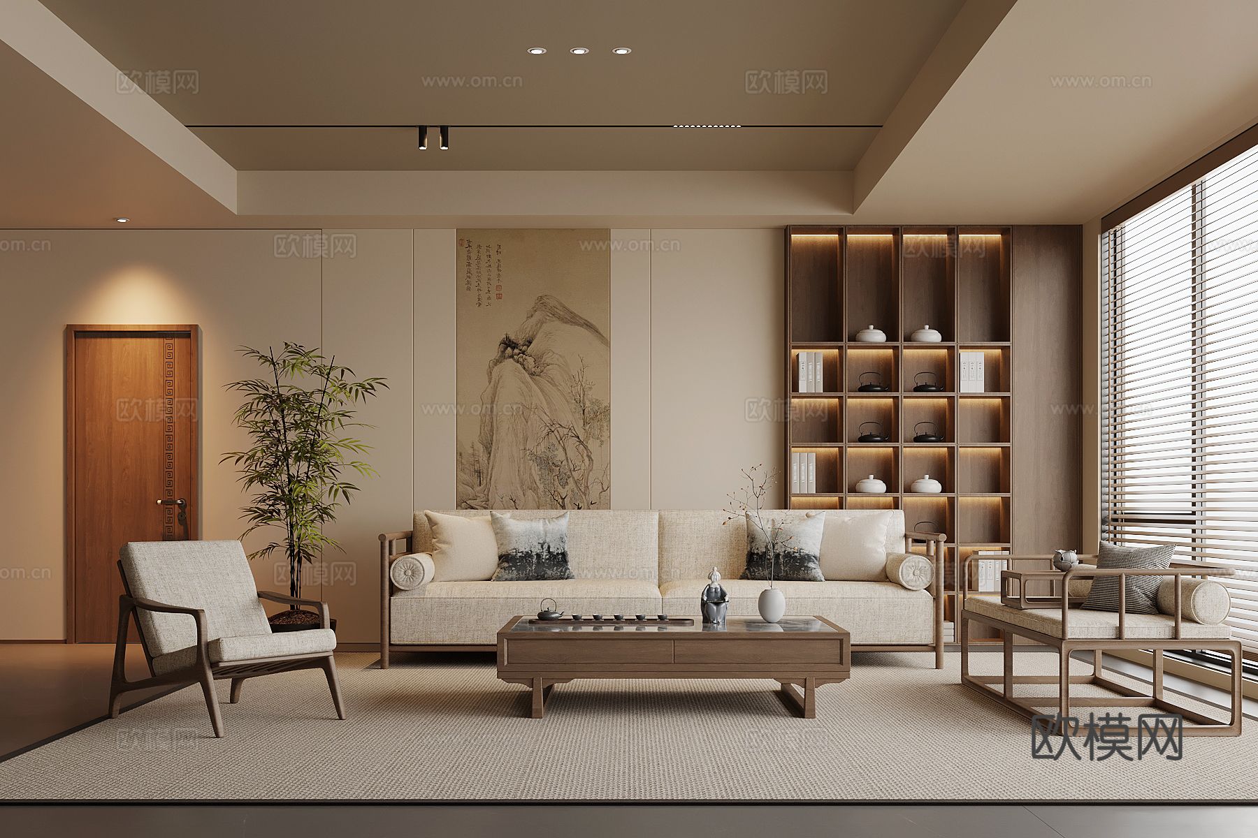 新中式客厅 沙发茶几组合 背景墙 置物柜su模型