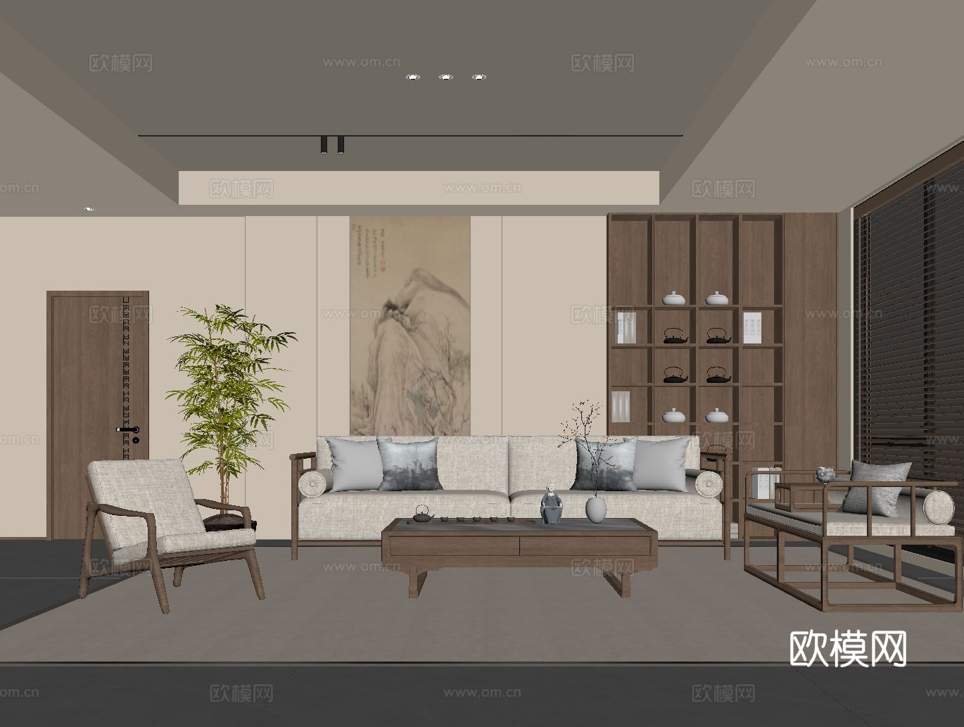 新中式客厅 沙发茶几组合 背景墙 置物柜su模型