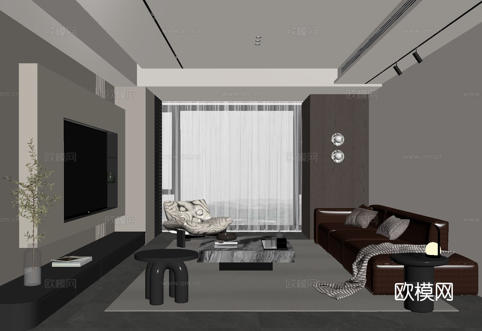 现代意式客厅 沙发茶几组合 电视背景墙su模型