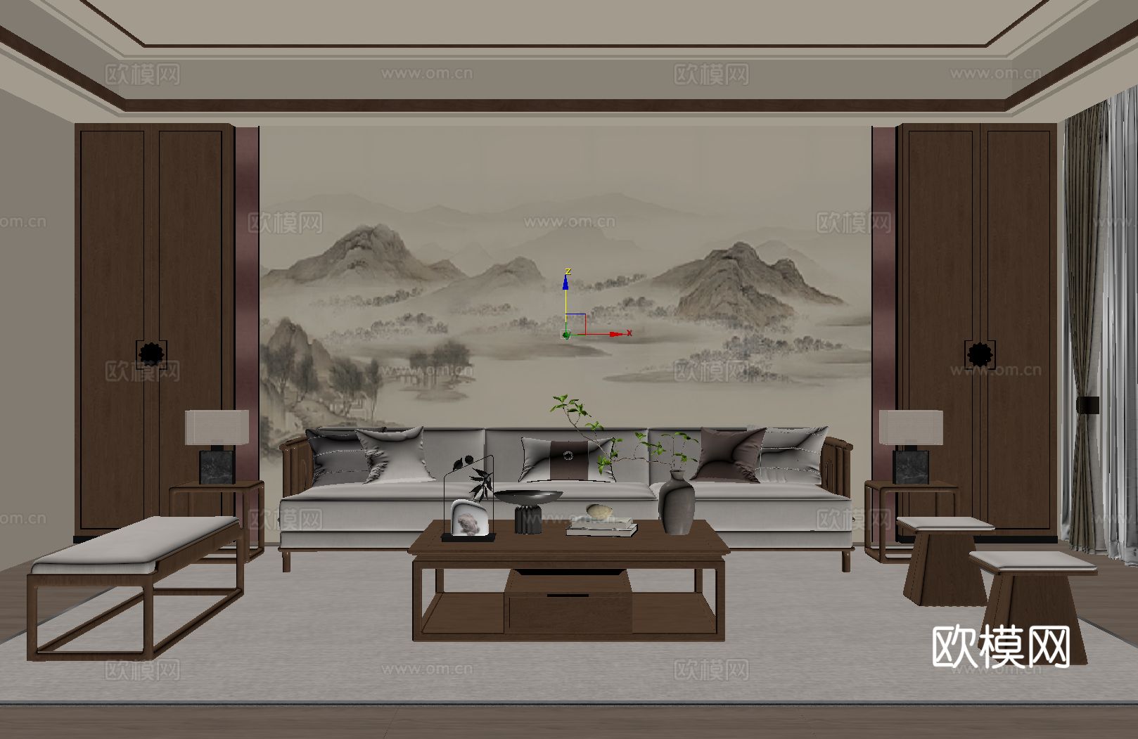新中式客厅 沙发茶几组合 宋氏风客厅su模型