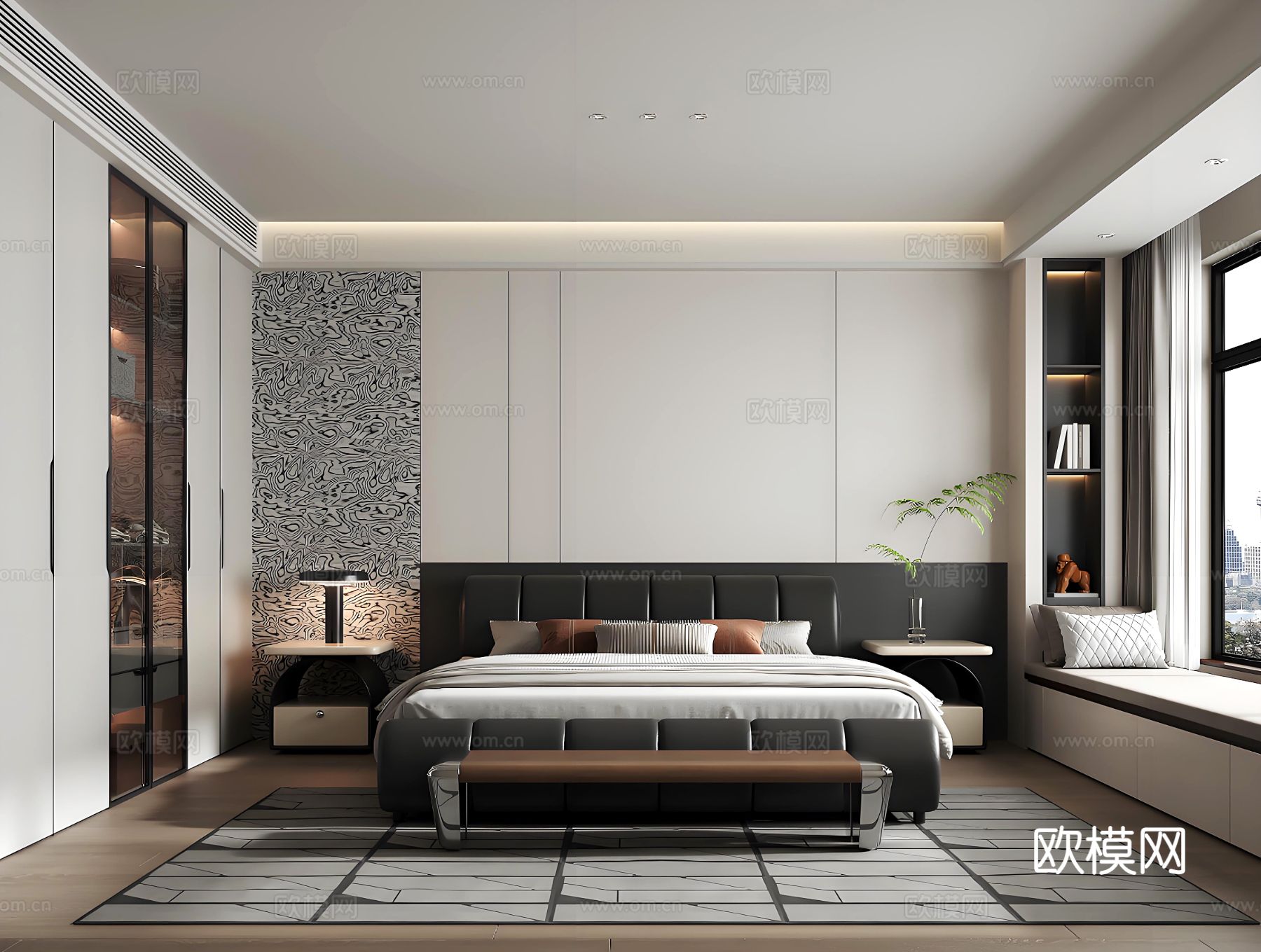 现代黑白灰卧室 双人床卧室 主卧 次卧su模型