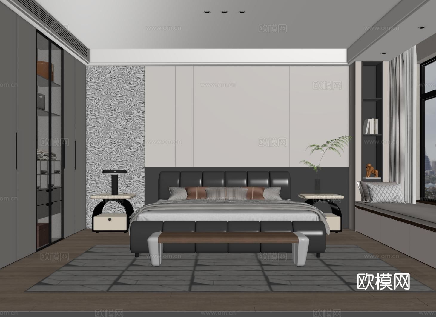 现代黑白灰卧室 双人床卧室 主卧 次卧su模型