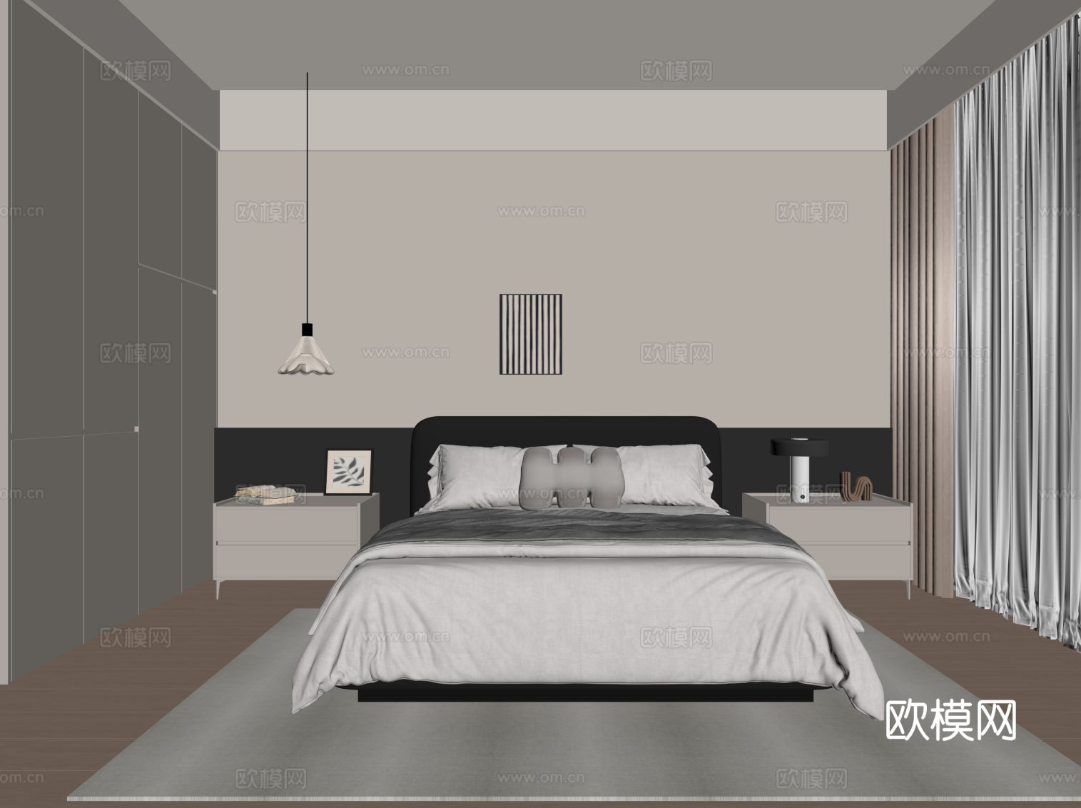 现代极简卧室 床头柜 双人床 衣柜su模型