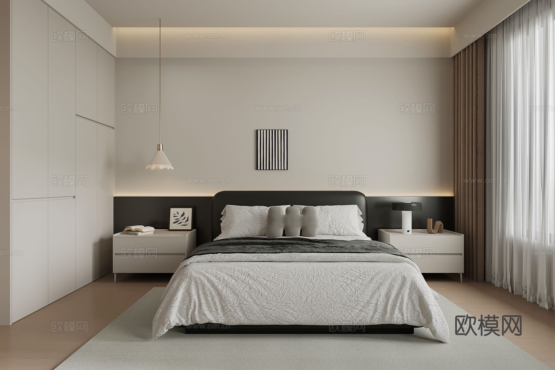现代极简卧室 床头柜 双人床 衣柜su模型