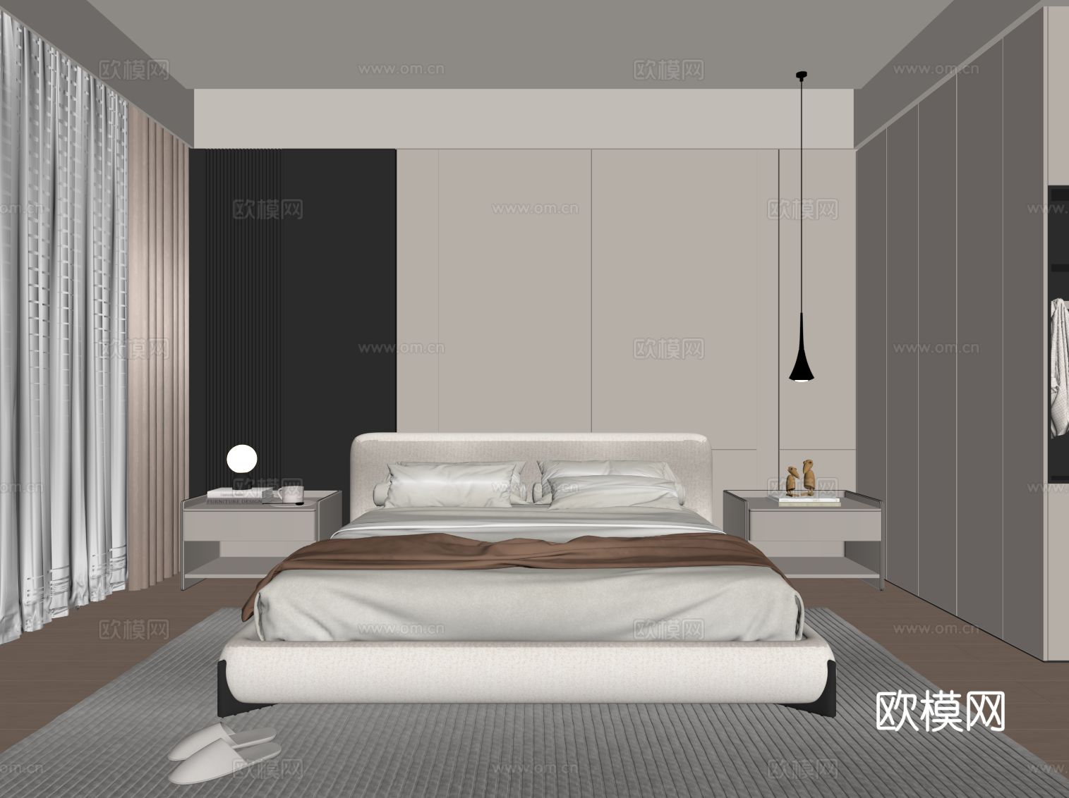 现代极简卧室 双人床 背景墙 衣柜 床头柜su模型