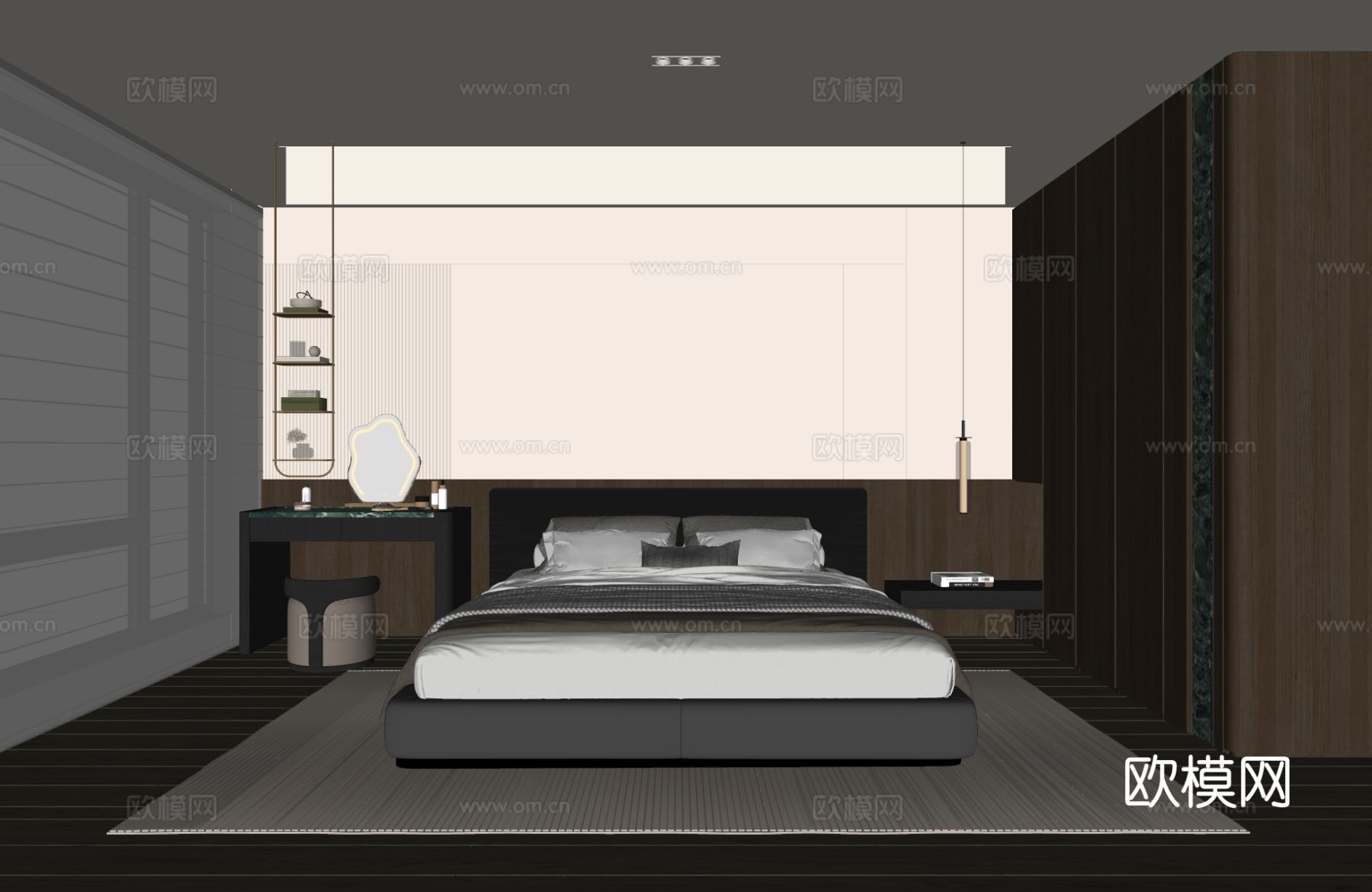 现代意式卧室 皮质双人床 床头柜 吊灯 梳妆台 衣柜su模型
