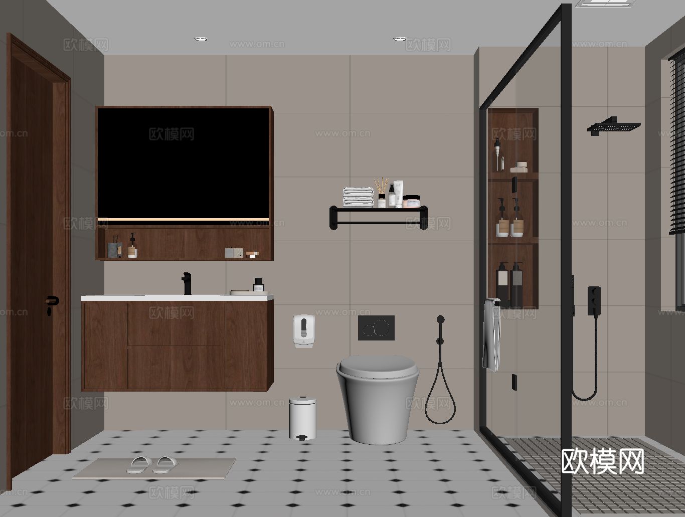 中古风卫生间 浴室柜 卫浴小件 淋浴su模型