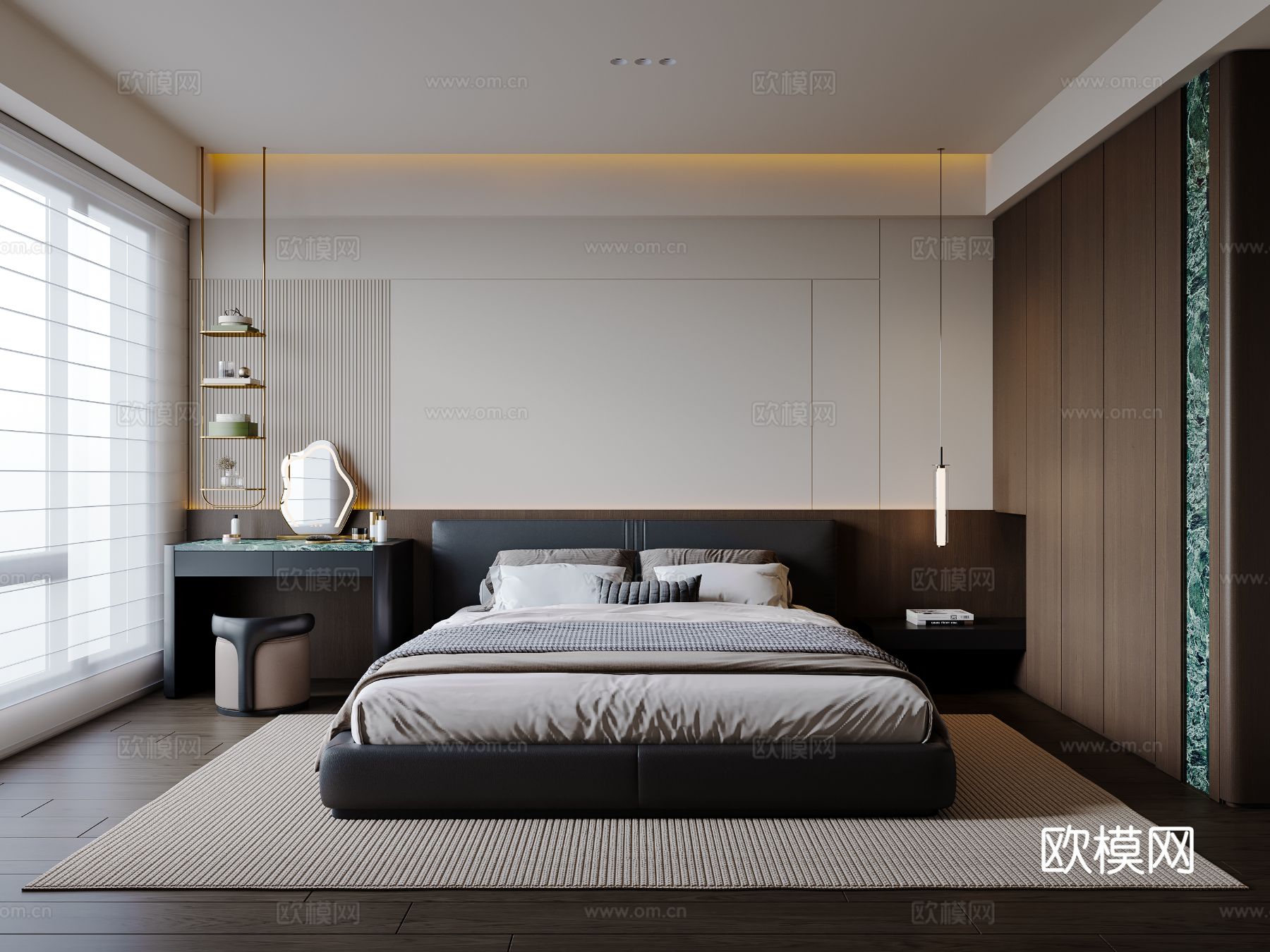 现代意式卧室 皮质双人床 床头柜 吊灯 梳妆台 衣柜su模型