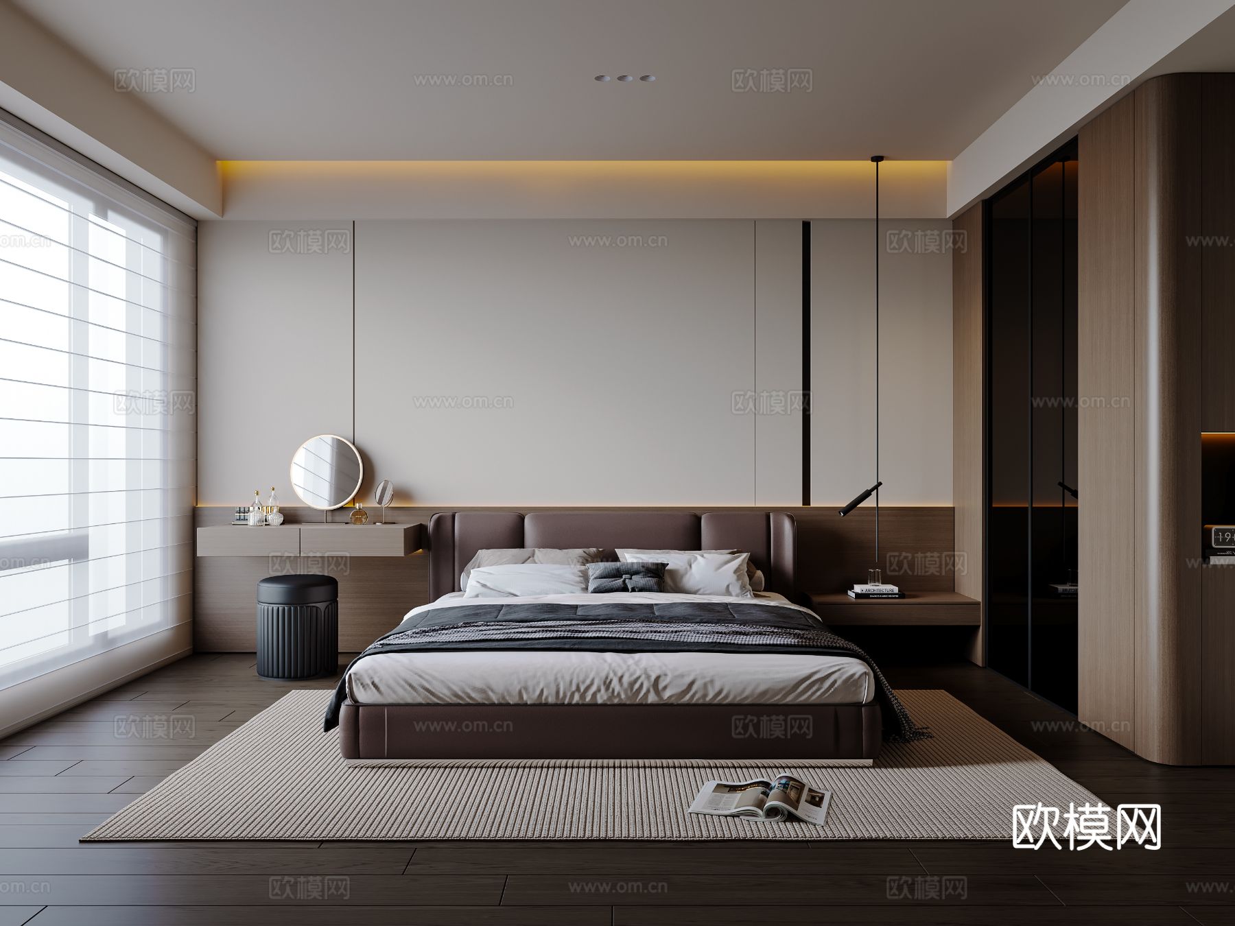 现代意式卧室 皮质双人床 床头柜 吊灯 梳妆台 衣柜su模型