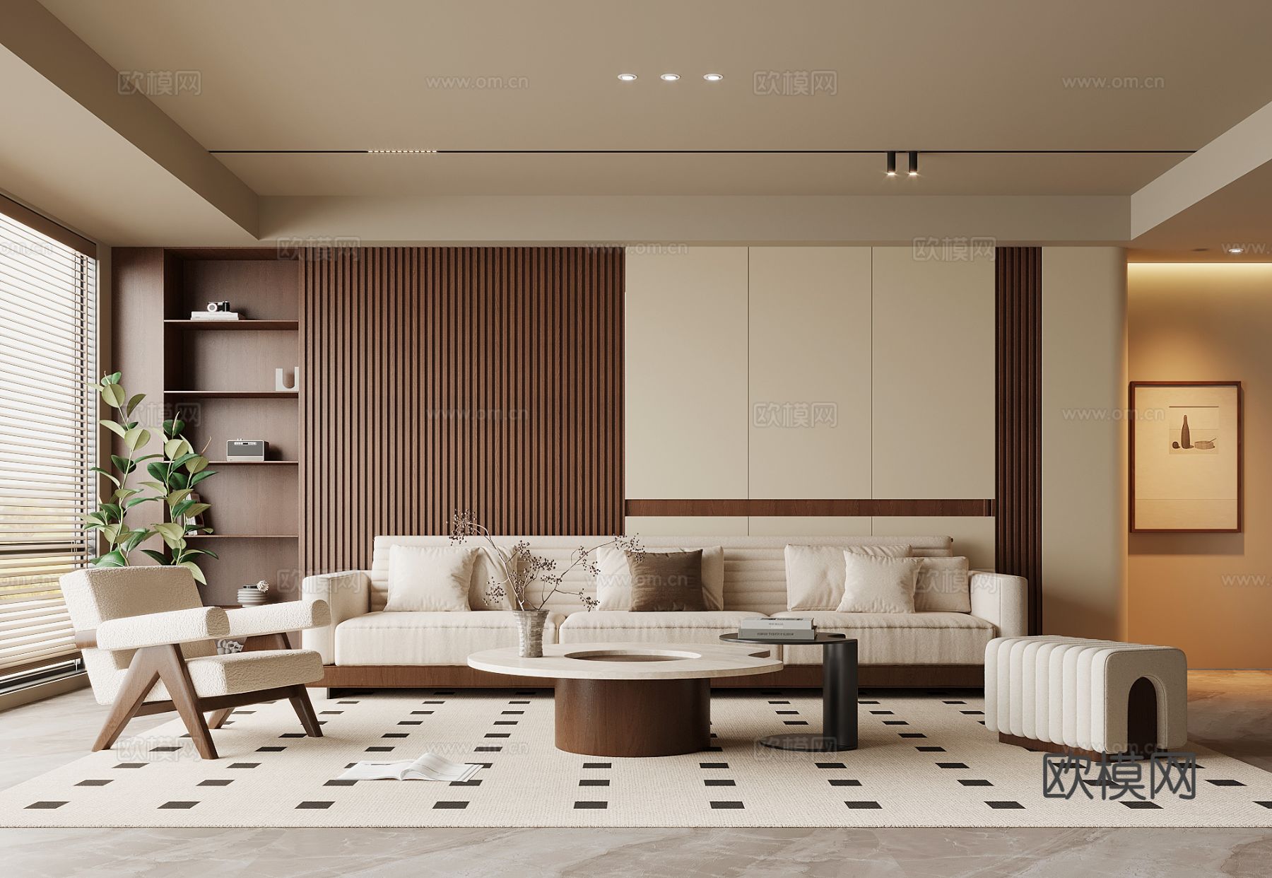 中古风客厅 多人沙发 茶几 休闲椅su模型