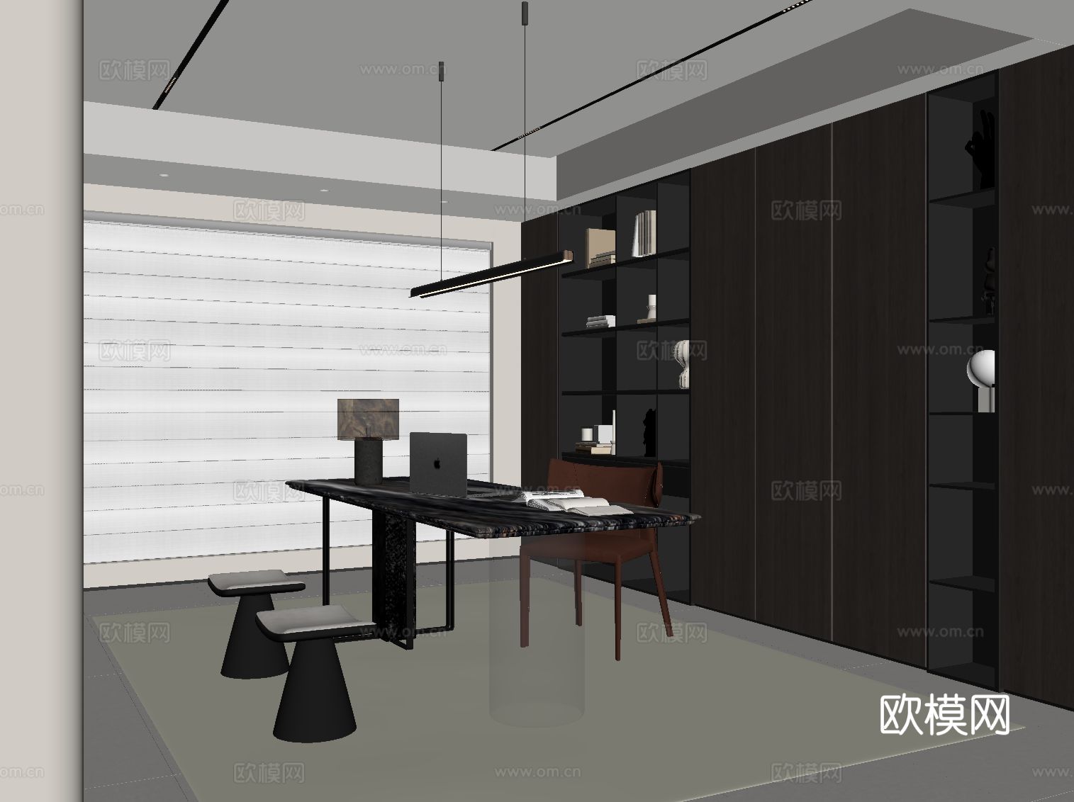 现代意式书房 书桌椅 书柜su模型