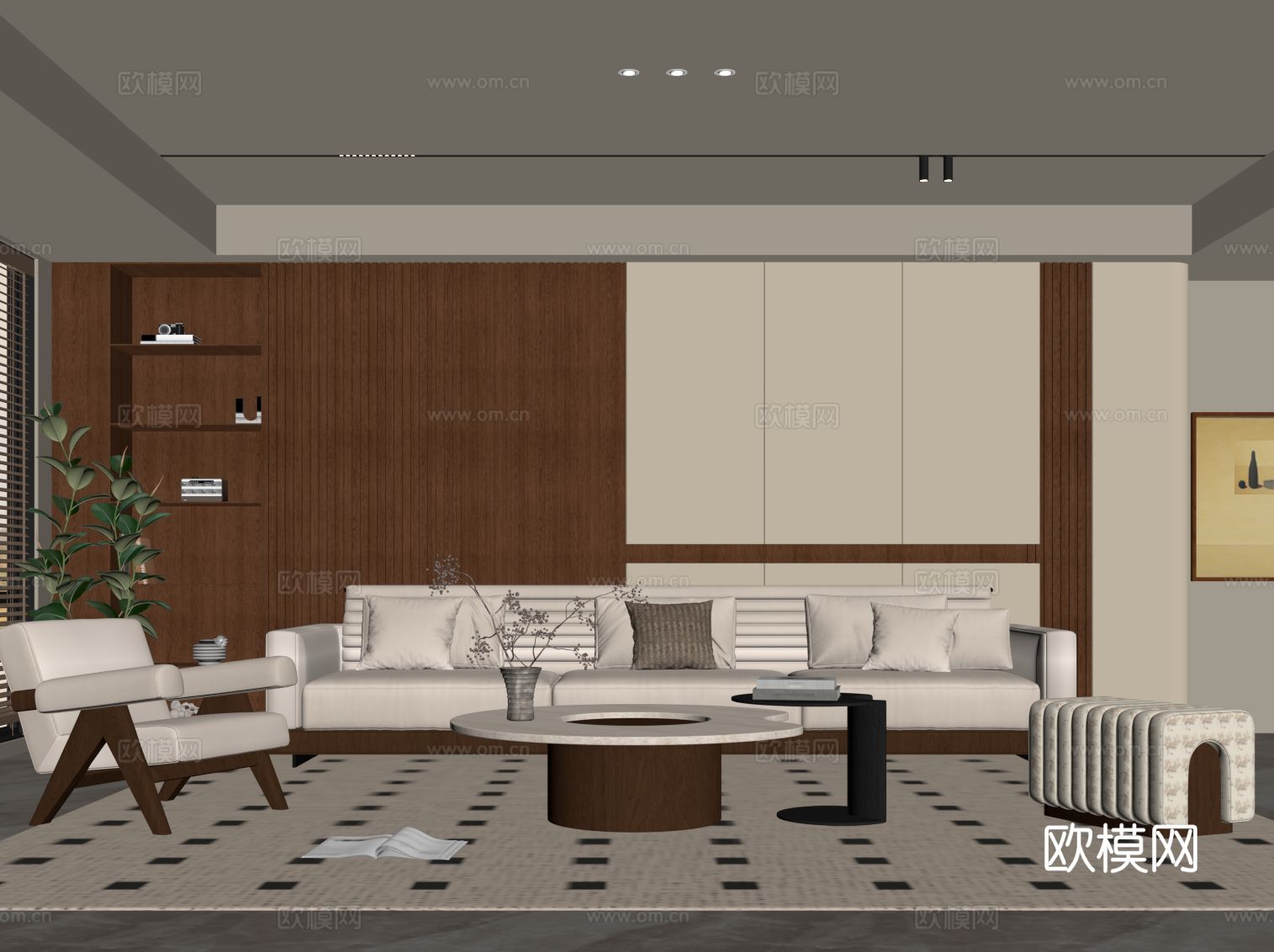 中古风客厅 多人沙发 茶几 休闲椅su模型