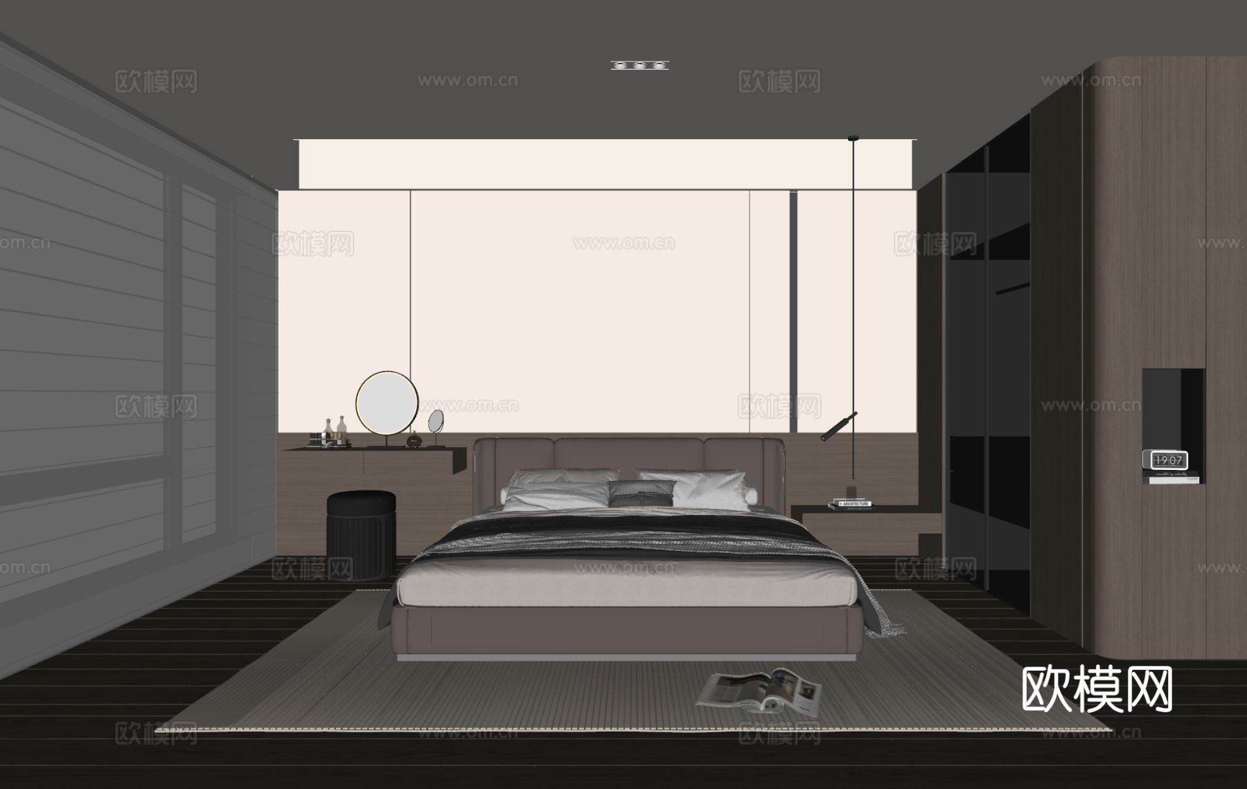 现代意式卧室 皮质双人床 床头柜 吊灯 梳妆台 衣柜su模型