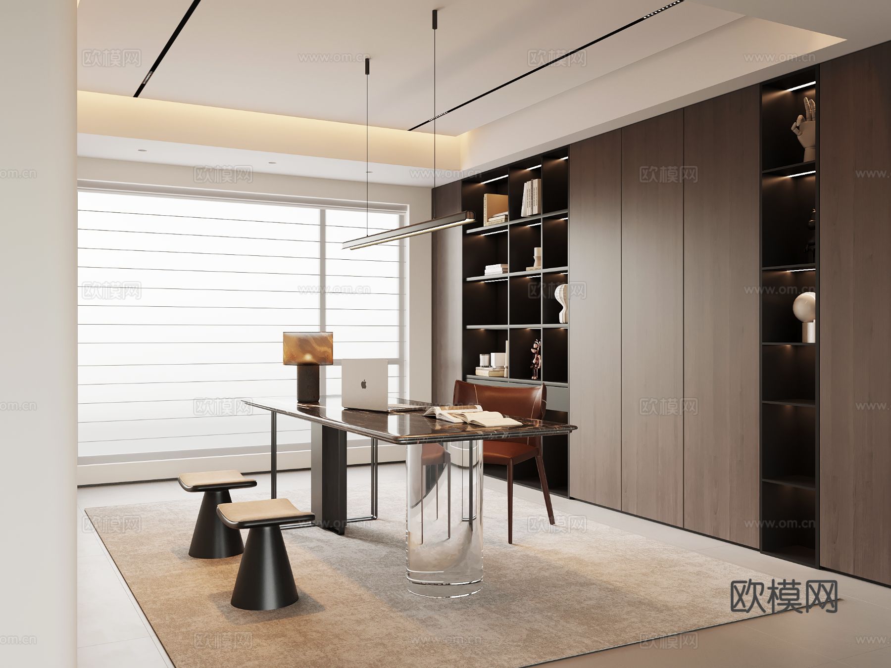 现代意式书房 书桌椅 书柜su模型