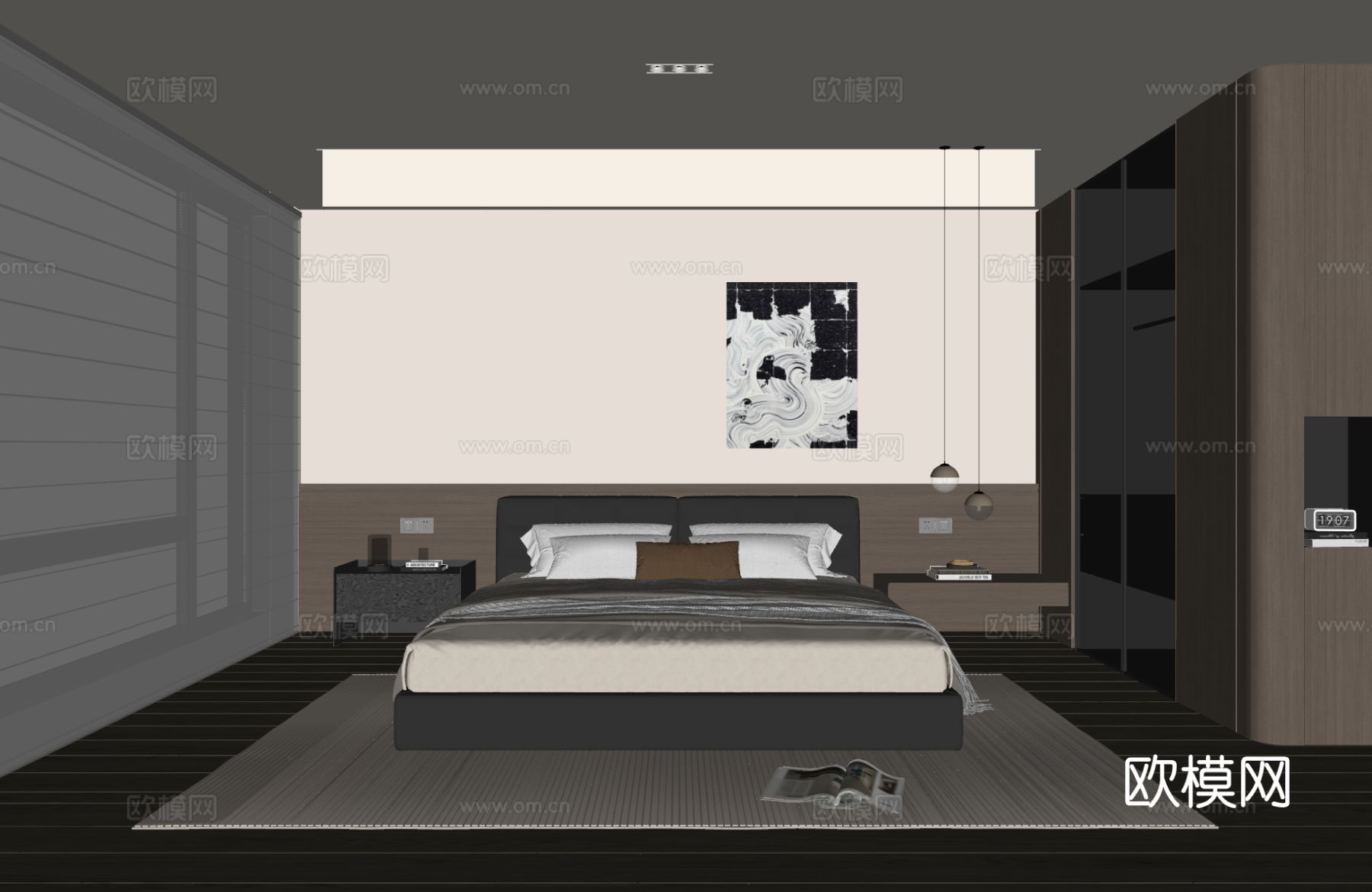 现代意式卧室 皮质双人床 床头柜 吊灯 挂画 衣柜su模型