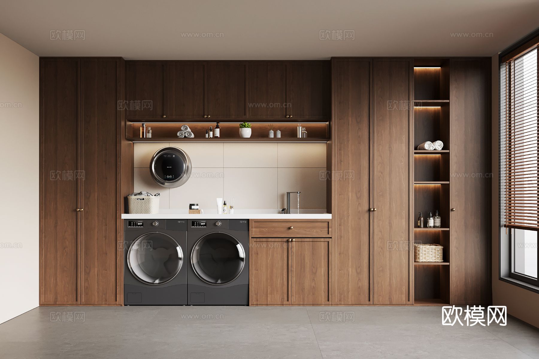 新中式洗衣房 洗衣柜 洗衣机 中古风洗衣房su模型