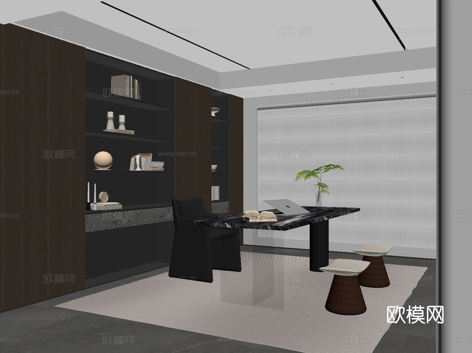 现代意式书房 书桌椅 书柜su模型