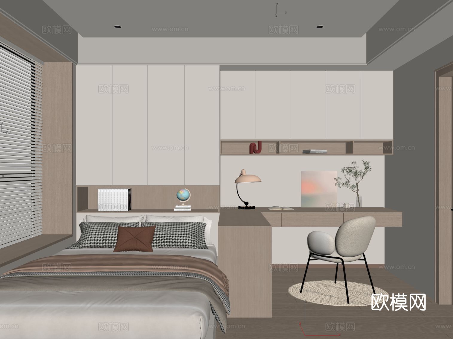 奶油风榻榻米卧室su模型