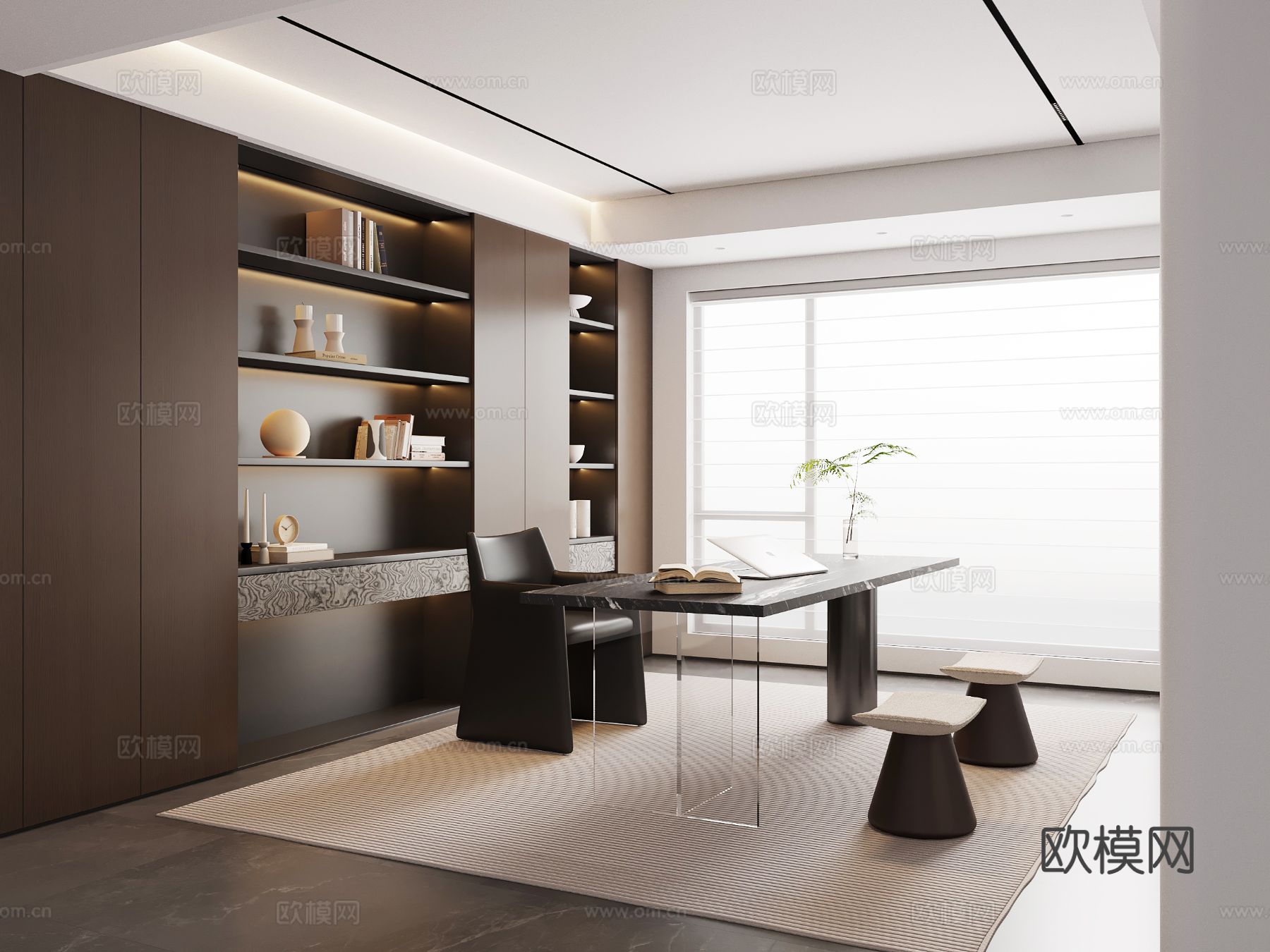 现代意式书房 书桌椅 书柜su模型