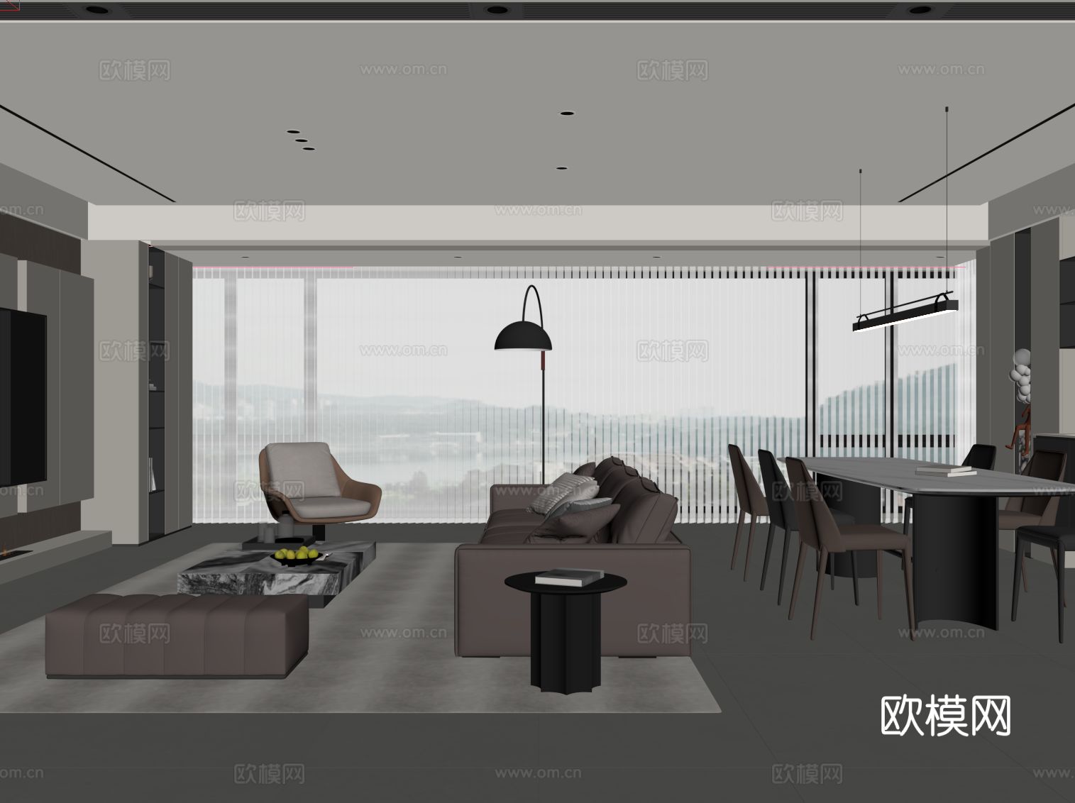 现代意式 客餐厅 餐桌椅 酒柜 电视背景墙su模型